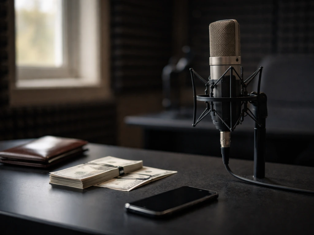 Anonymous music industry studio scene with a microphone and cash-like props, symbolizing wealth analysis